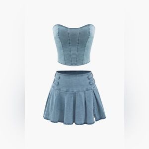 Denim Strapless Top And Pleated Mini Skirt Set
